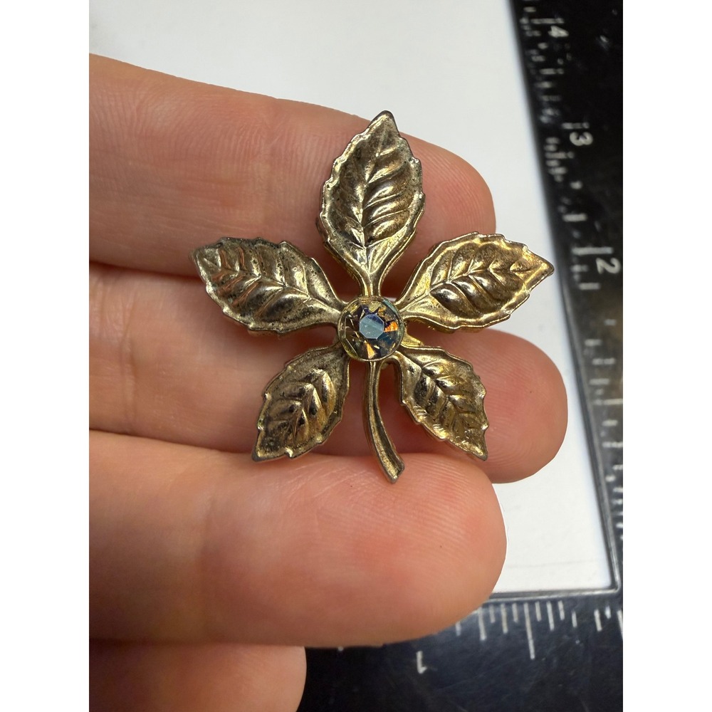 Gold Tone Five Leaf Brooch Iridescent AB Rhinestone Center Pin Accessory